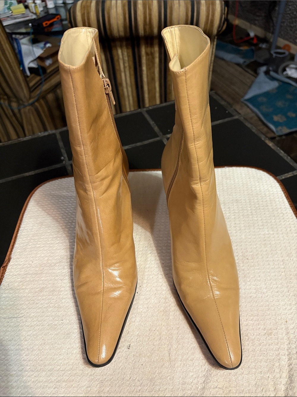 ANTONIO MELANI Tan Leather Pointed Toe Ankle Booties with Side Zip